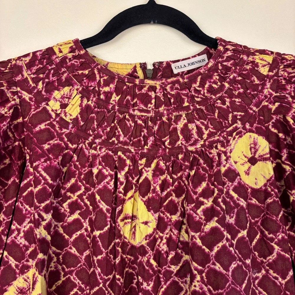 ULLA JOHNSON 100% Cotton Carmela Blouse In Brick Maroon Women Size 4 Puff Sleeve